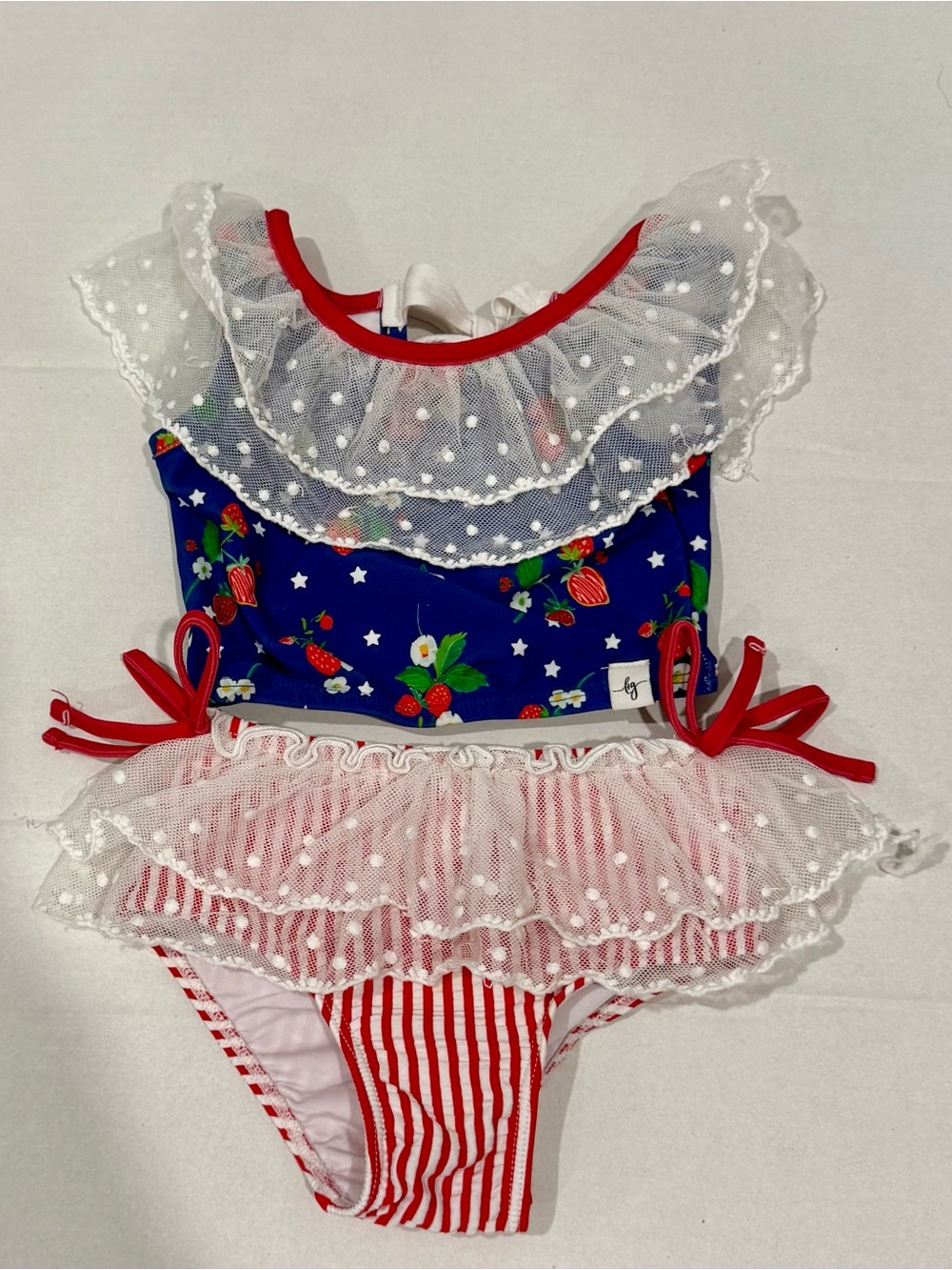Girls Blue & Red Strawberry Ruffle Bikini with White Lace